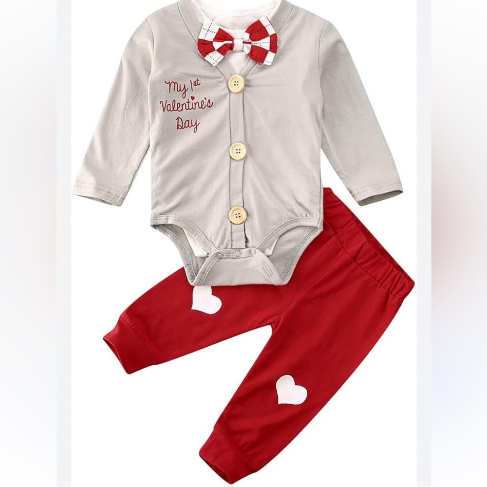 My 1st Valentine’s Day Gray and Red Baby Outfit with Heart Accents